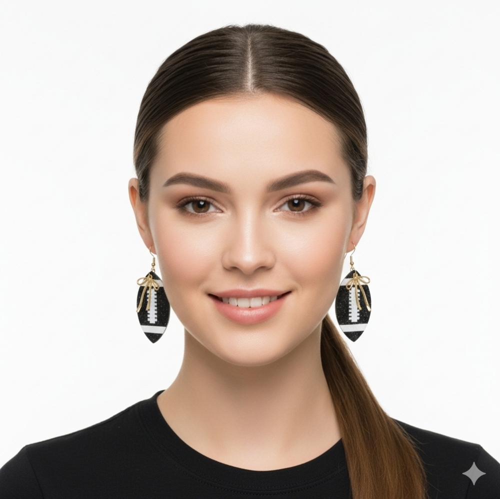 Black Glitter Football Bow Dangle Earrings NWT